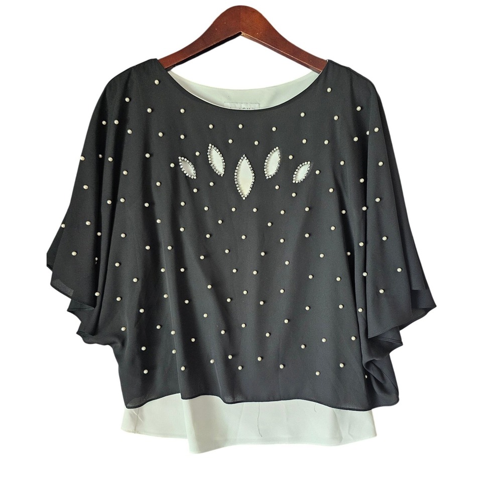 Joseph Ribkoff Pearl Rhinestone Cutout Layered Chiffon Blouse Black White Sz 10